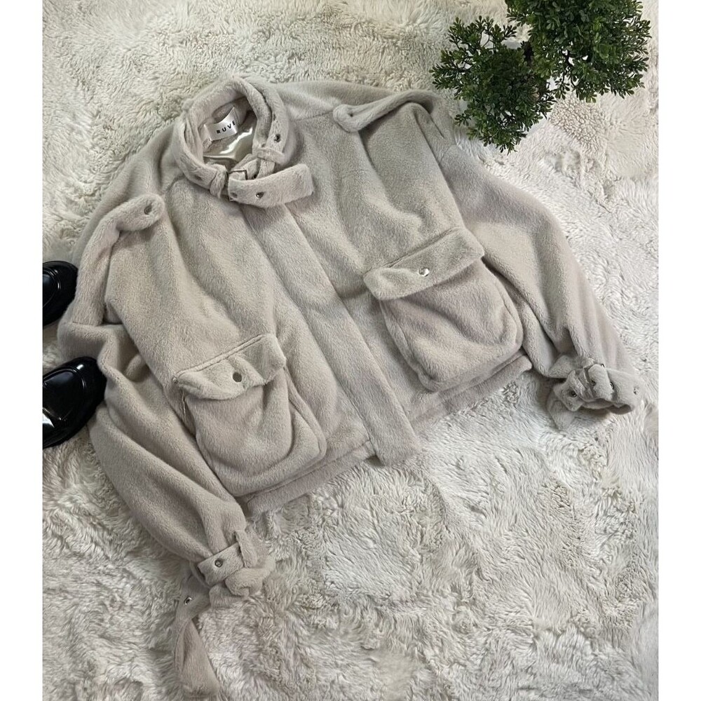 RUVE London Faux Fur Teddy Cropped Moto Cargo Jacket Buckle Collar Cream OS